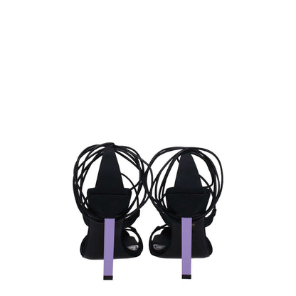 The Attico Black Fabric Stiletto Heel Sandals with mauve high heels, open toe, and self-tie closures, rear view showing black fabric.