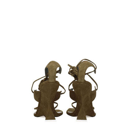 Back view of The Attico Green Leather Flip-Flop Sandals with high heels and open toe design, featuring military green suede and self-tie closure.