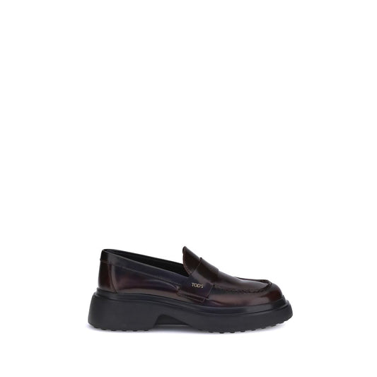 Alt Tag: Tod's Brown Rubber Platform Loafers with patent leather and rounded toe design.