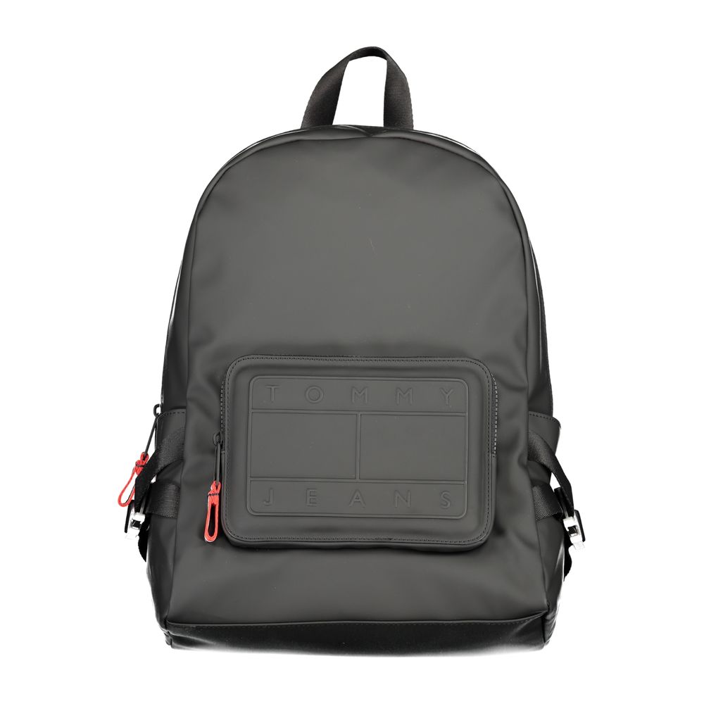 Tommy Hilfiger Black Polyester Backpack with handle, adjustable straps, external and internal pockets, contrasting details, and zip closure.