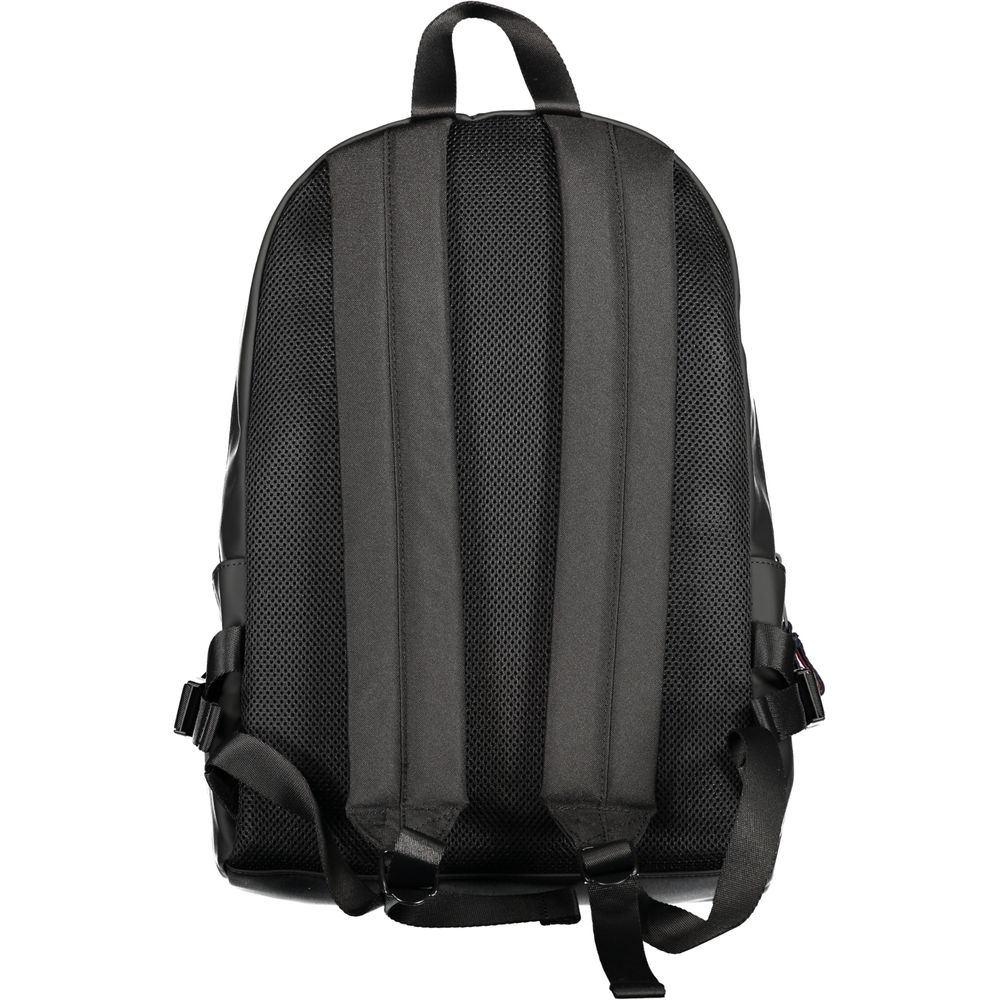Back view of Tommy Hilfiger Black Polyester Backpack with adjustable straps and handle.
