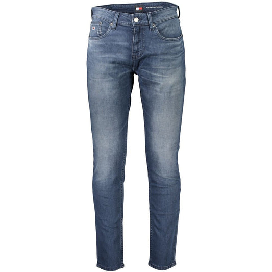 Tommy Hilfiger Blue Cotton Men Jeans - Slim Tapered Fit with eco-friendly design and iconic logo, perfect for modern casual wear.