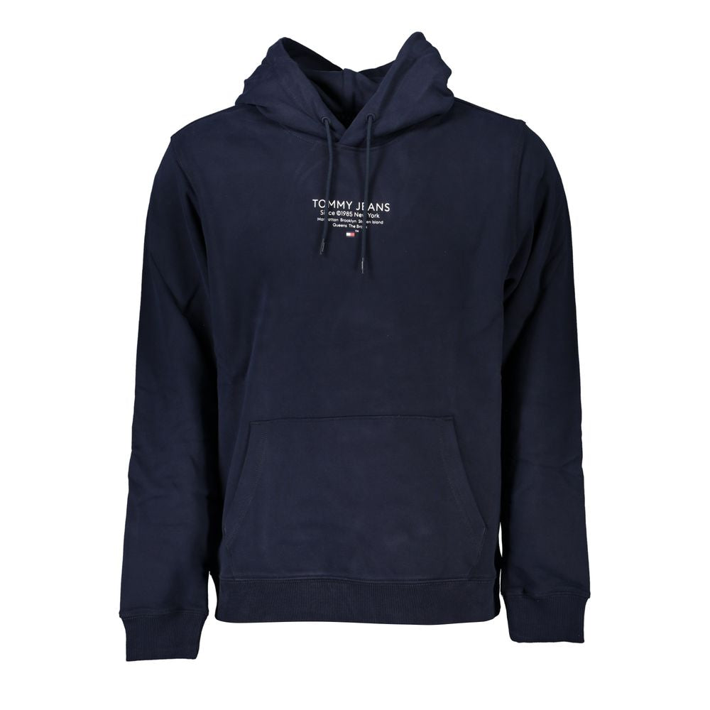 Tommy Hilfiger Blue Cotton Men Sweater with Hood featuring long sleeves, central pocket, and iconic logo print.