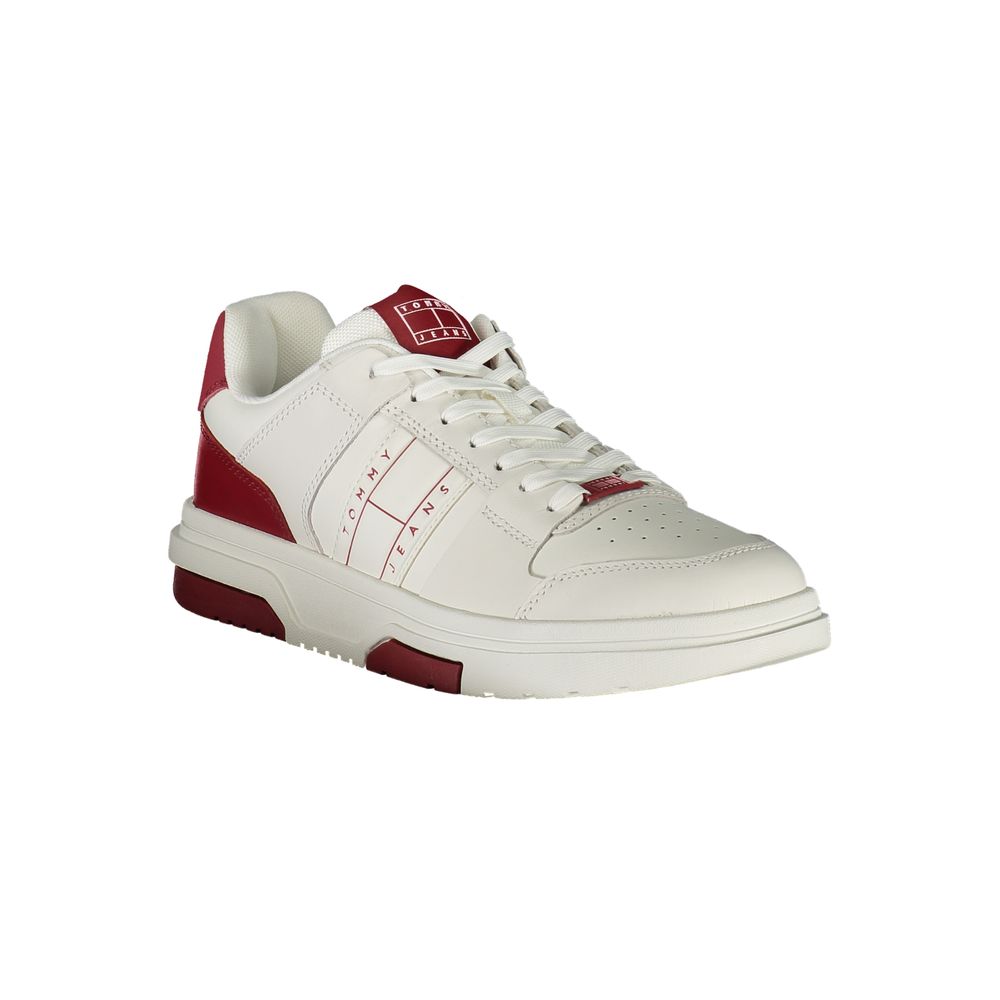 Tommy Hilfiger Red Leather Men Sneaker with contrasting design, iconic logo, and removable footbed for fashion-forward styling.