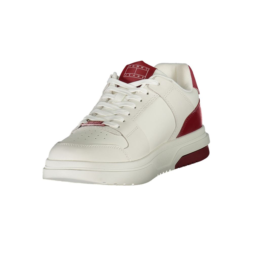 Tommy Hilfiger Red Leather Men Sneaker with contrasting elements and logo, designed for style and comfort, featuring a removable footbed.