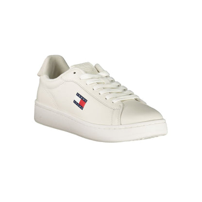 Tommy Hilfiger White Leather Women Sneaker with signature logo and contrasting details, offering style and comfort.