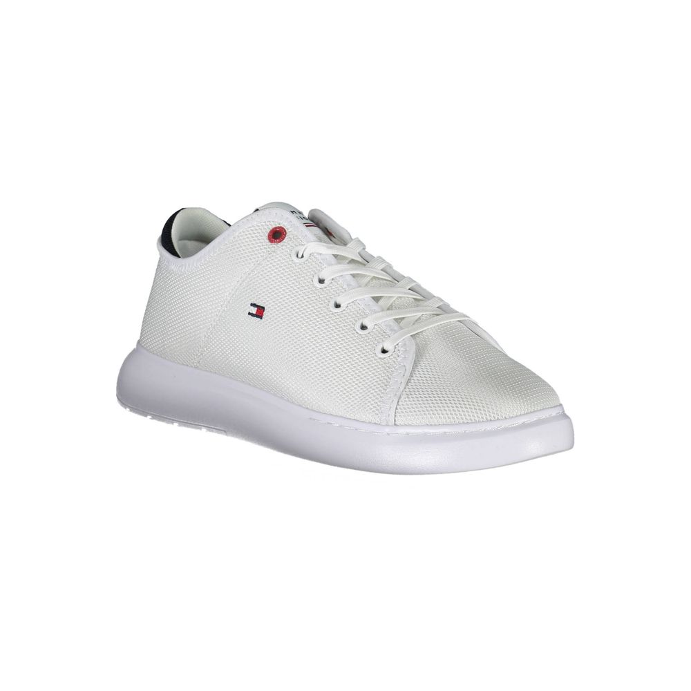 Tommy Hilfiger White Polyester Sneaker with laces and contrasting sole, featuring logo, made of 95% recycled polyester sports shoe.