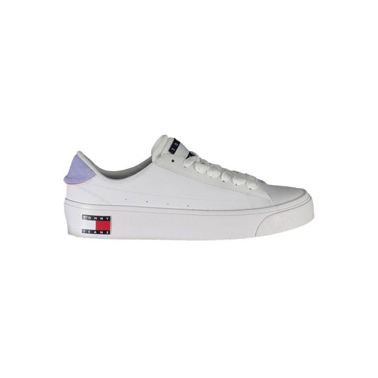 Tommy Hilfiger White Polyester Women Sneaker with logo and recycled materials, featuring sleek design and contrasting details.