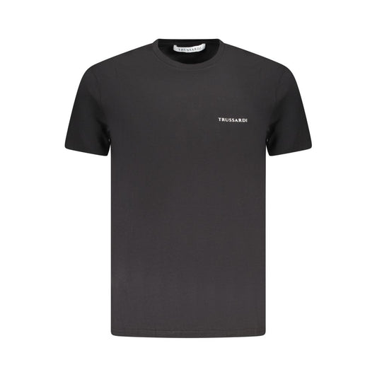 Trussardi Black Cotton Men T-Shirt with crew neck and brush print logo, elegant and comfortable for modern wardrobe.