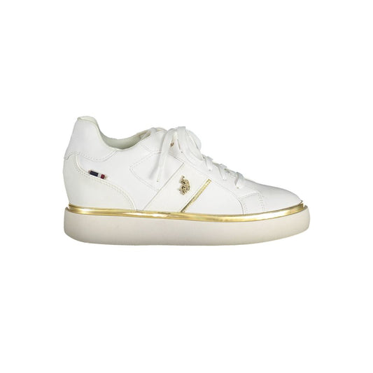 U.S. POLO ASSN. White Polyester Women Sneaker with gold detailing, perfect for active lifestyle, featuring iconic logo and lace-up design.