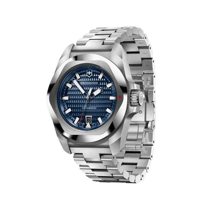 VICTORINOX WATCHES Mod. V242020 silver watch with blue dial and stainless steel bracelet, side view