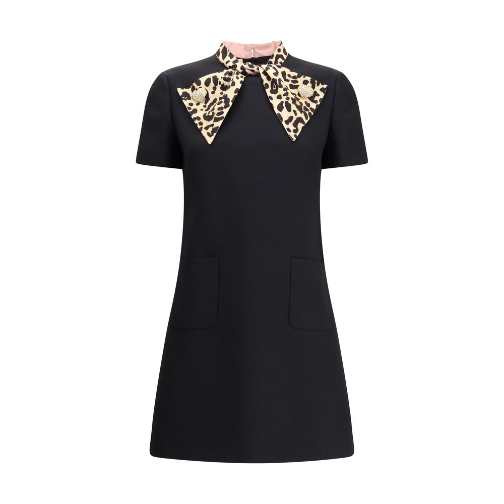 Valentino Black Fleece Wool Casual Dress with animal bow and heart-shaped jeweled buttons, fall winter fashion
