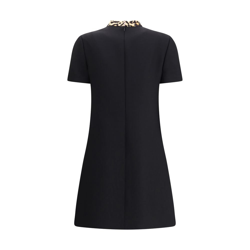 Valentino Black Fleece Wool Casual Dress with animal bow and jeweled buttons, elegant and refined for AW25, perfect regular fit.