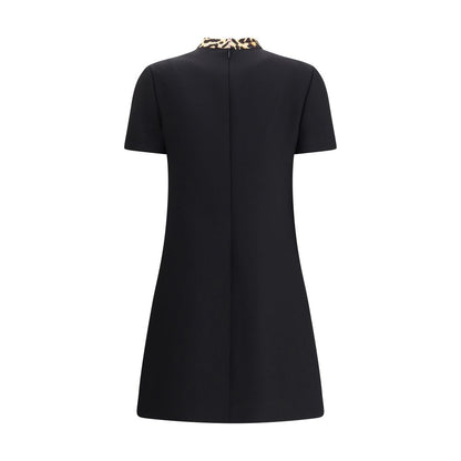Valentino Black Fleece Wool Casual Dress with animal bow and jeweled buttons, elegant and refined for AW25, perfect regular fit.