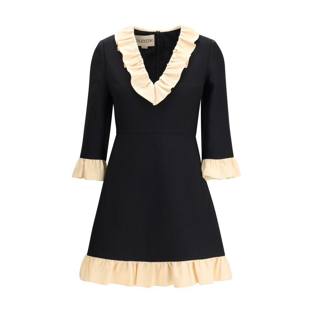 Valentino Black Fleece Wool Cocktail Dress with V-neckline, three-quarter sleeves, and voile detail for elegance in AW25 collection.