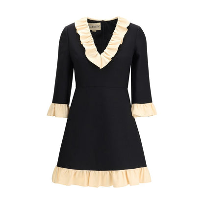 Valentino Black Fleece Wool Cocktail Dress with V-neckline, three-quarter sleeves, and voile detail for elegance in AW25 collection.
