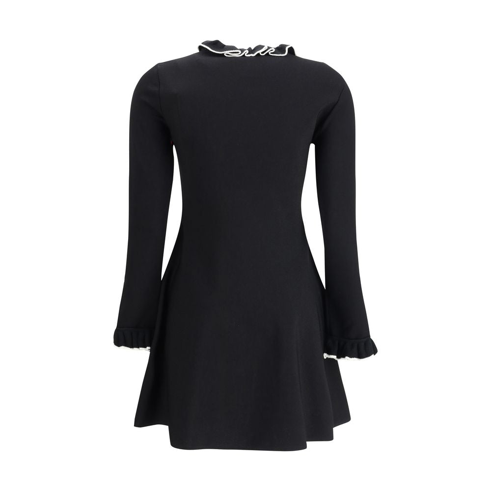 Valentino Black Viscose Casual Dress with flared silhouette, ruffled high neck, and long sleeves, perfect for AW25 season.