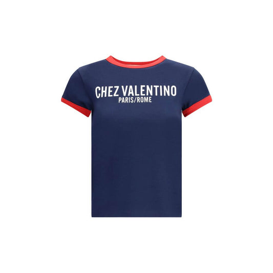 Valentino Blue Cotton T-Shirt with red crew neck and logo print, slim fit, 100% cotton, perfect for casual wear, AW25 collection.