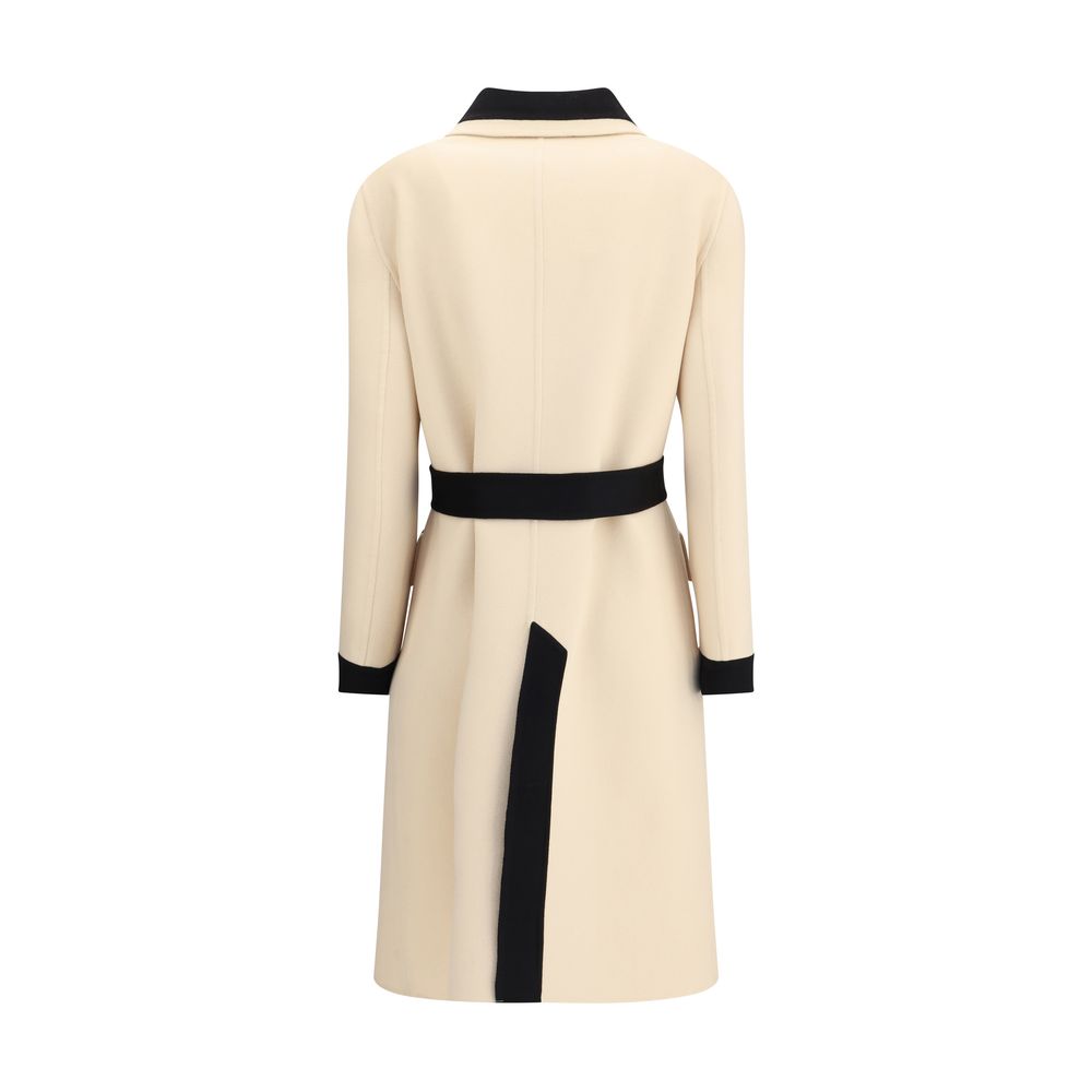 Back view of Valentino Cream Fleece Wool Coat with black belt, contrasting collar, cuffs, and hem, highlighting elegant tailoring.