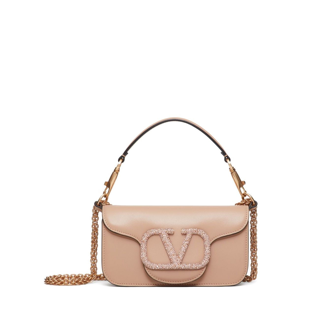 Valentino Garavani Locò small shoulder bag in rose pink with Swarovski crystal VLogo, chain strap, silver-tone hardware, and foldover top.