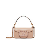 Valentino Garavani Locò small shoulder bag in rose pink with Swarovski crystal VLogo, chain strap, silver-tone hardware, and foldover top.