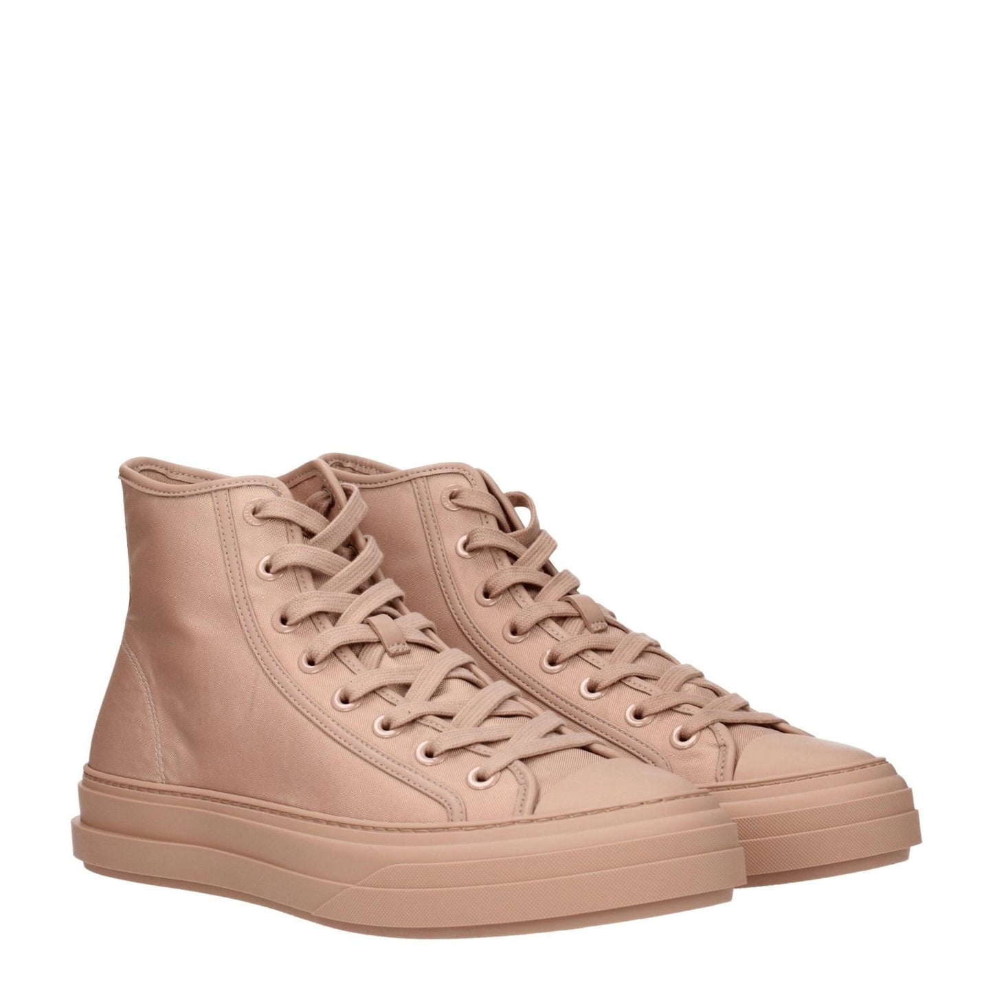 Valentino Garavani Pink Fabric High Top Sneakers with lace-up closure and rubber sole, featuring front and back logos.