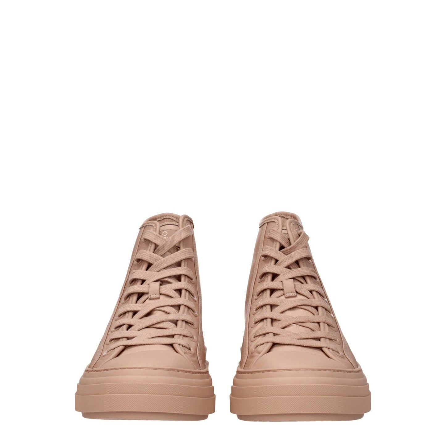 Valentino Garavani Pink Fabric High Top Sneakers with lace-up closure and round toe. Fashionable casual style with front and back logo details.