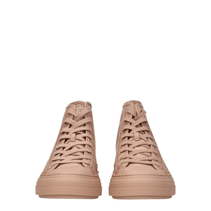 Valentino Garavani Pink Fabric High Top Sneakers with lace-up closure and round toe. Fashionable casual style with front and back logo details.