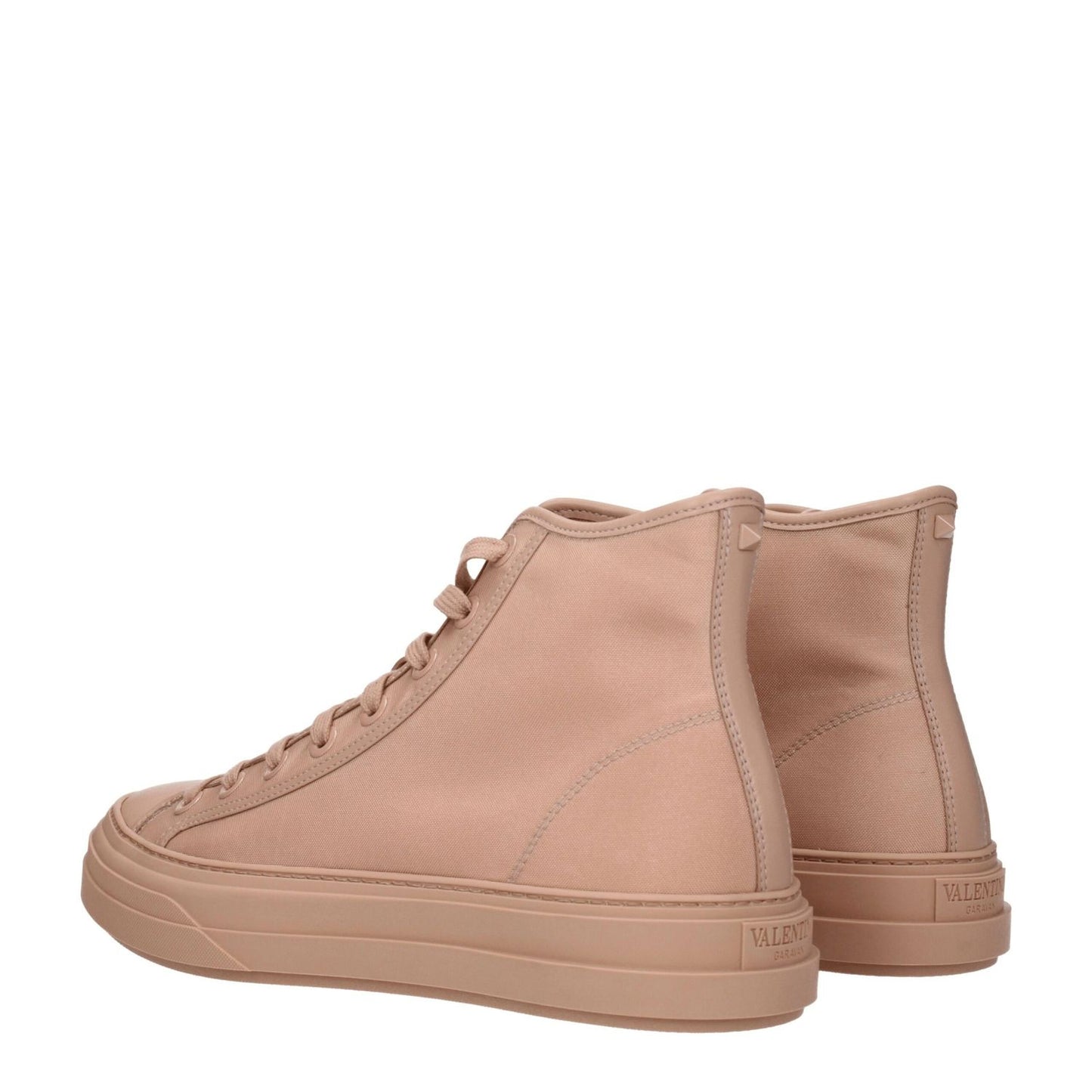 Valentino Garavani Pink Fabric High Top Sneakers with logos, round toe, lace-up closure, low flat heel. Casual leather and rubber design.