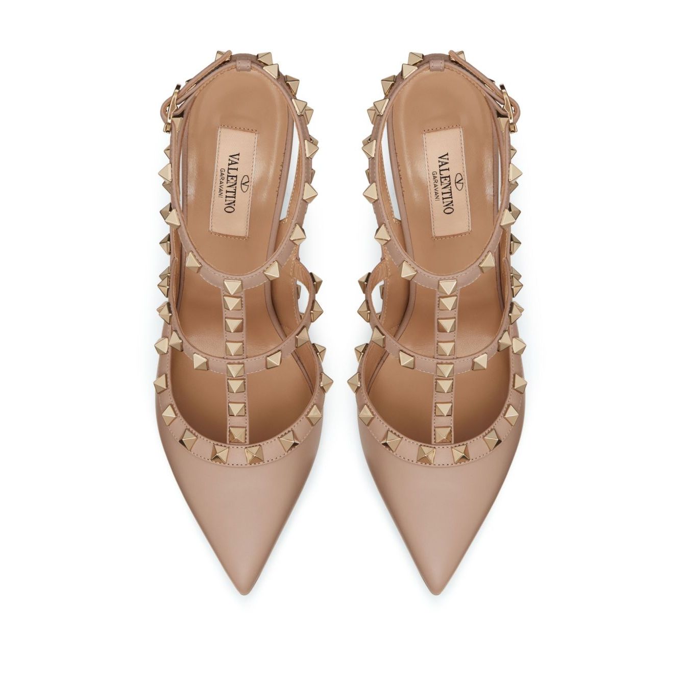 Valentino Garavani Rockstud Décolleté With 100mm Straps in powder pink leather featuring gold-tone studs and 100mm stiletto heels.