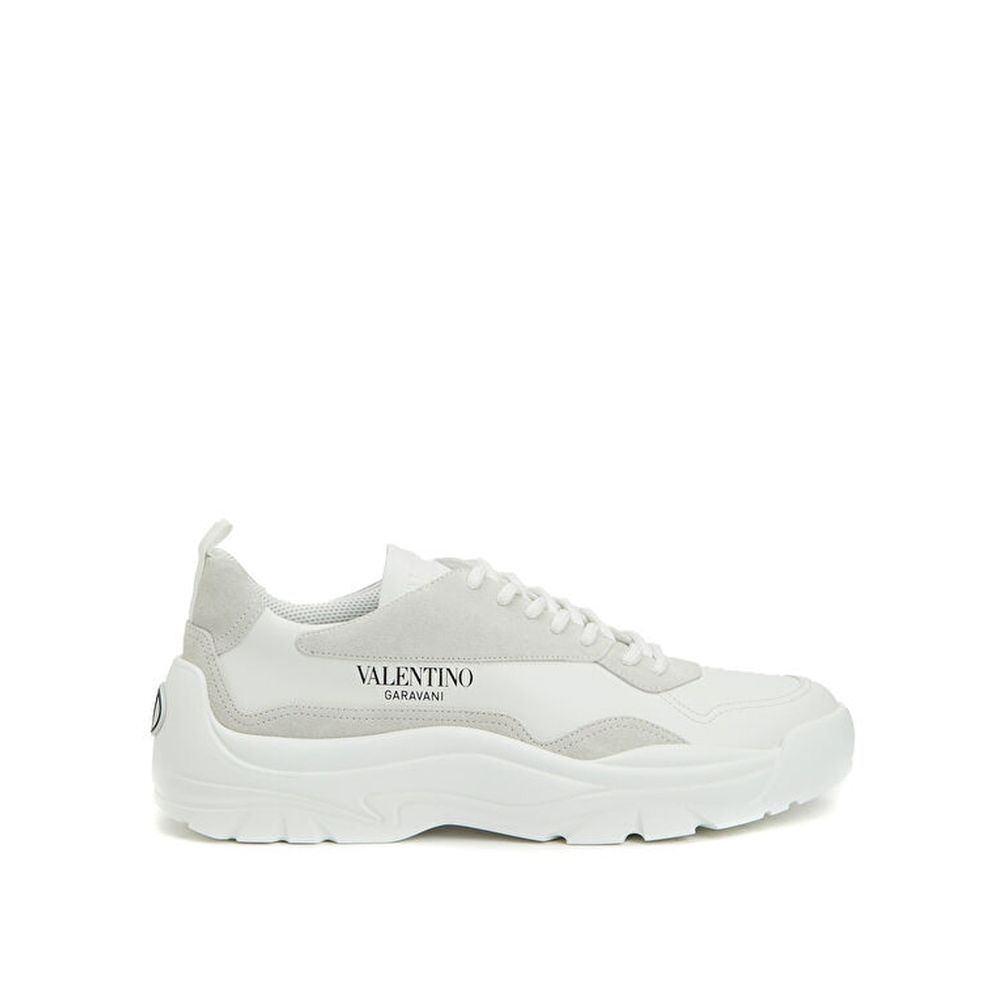 Valentino Garavani White Leather Low Top Sneakers with contrast logo print and suede detail, designed for men.