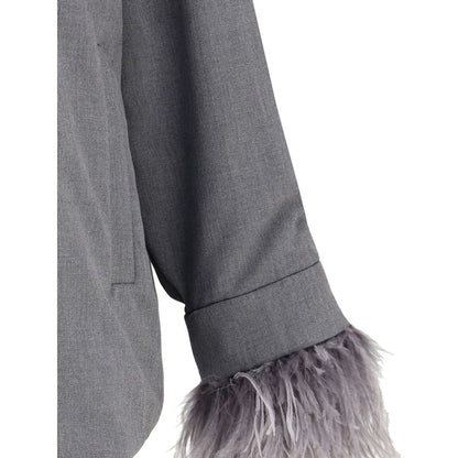 Valentino Gray Fleece Wool Clothing Feather Jacket with asymmetrical hem and feather cuffs