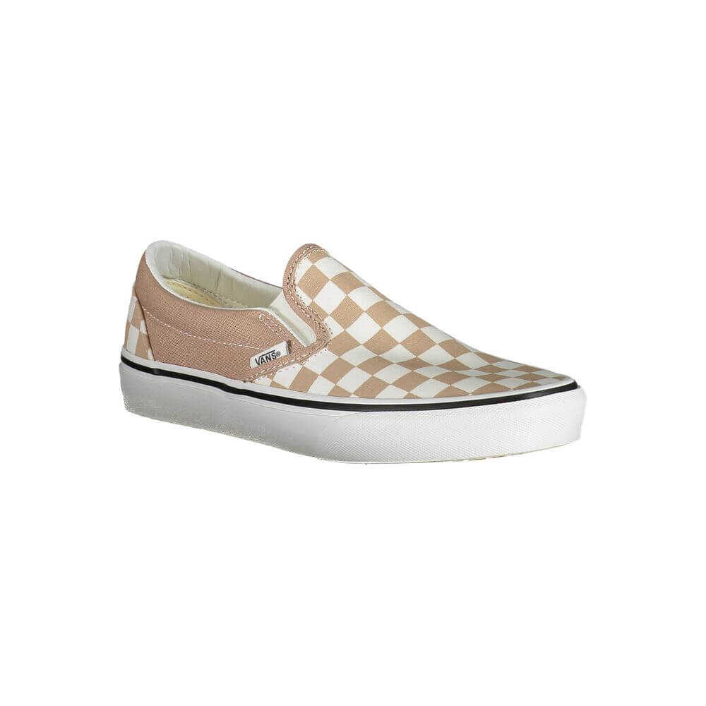 Vans Beige Polyester Sneaker with classic slip-on design, checked pattern, elastic fit, contrasting details, and logo.
