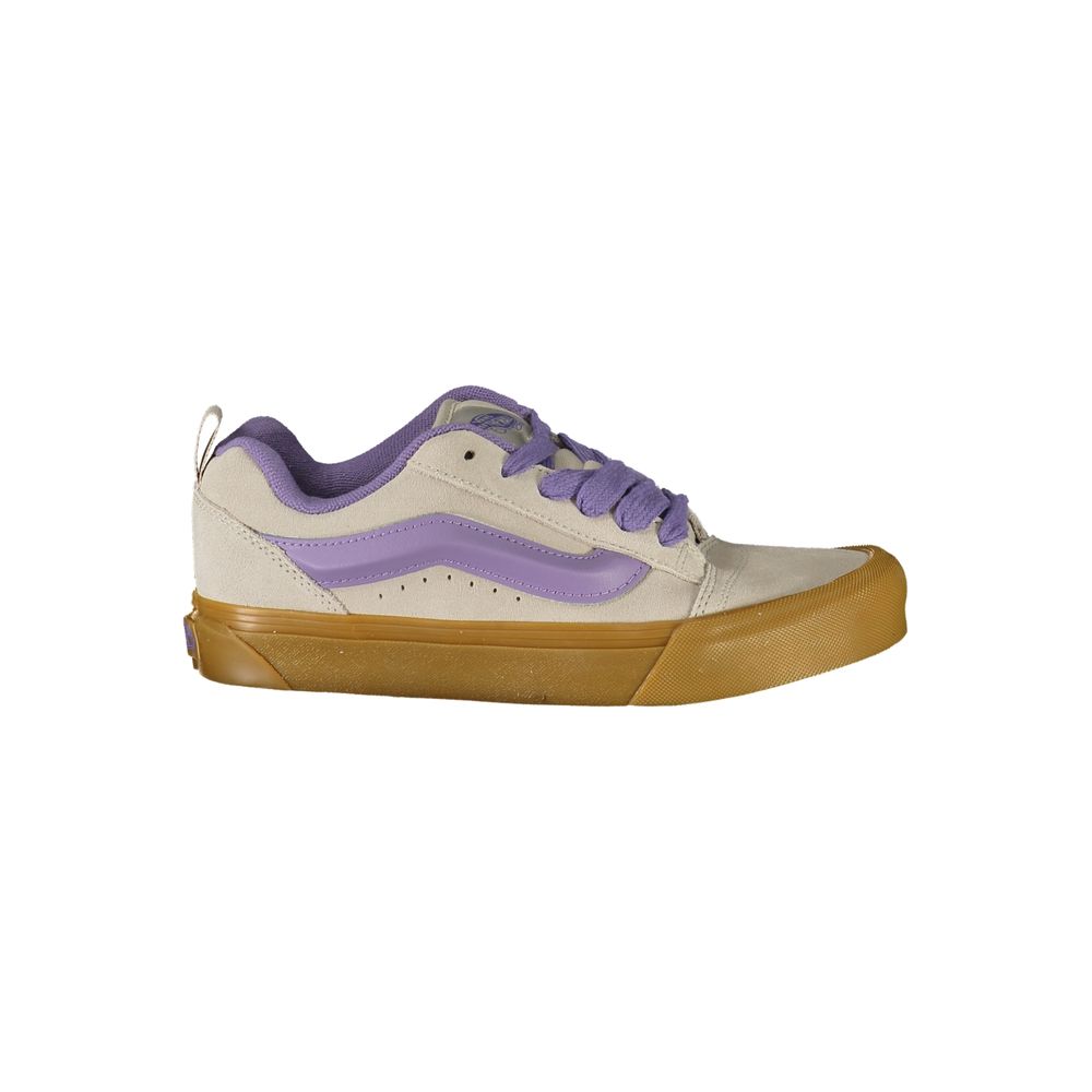 Vans Gray Leather Women Sneaker with wisteria accents and gum sole side view.