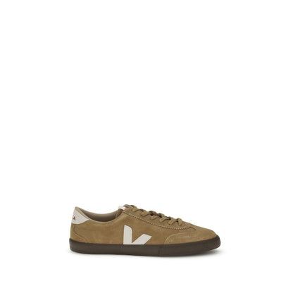 Veja Brown Leather Sneakers with a distinct 'V' logo, featuring a rounded toe and flat sole. Inspired by 1970s Brazilian volleyball shoes.