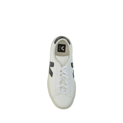 Veja White Calf Leather Bos Taurus Low Top Sneakers with V logo, black heel detail, and lace-up closure, top view.