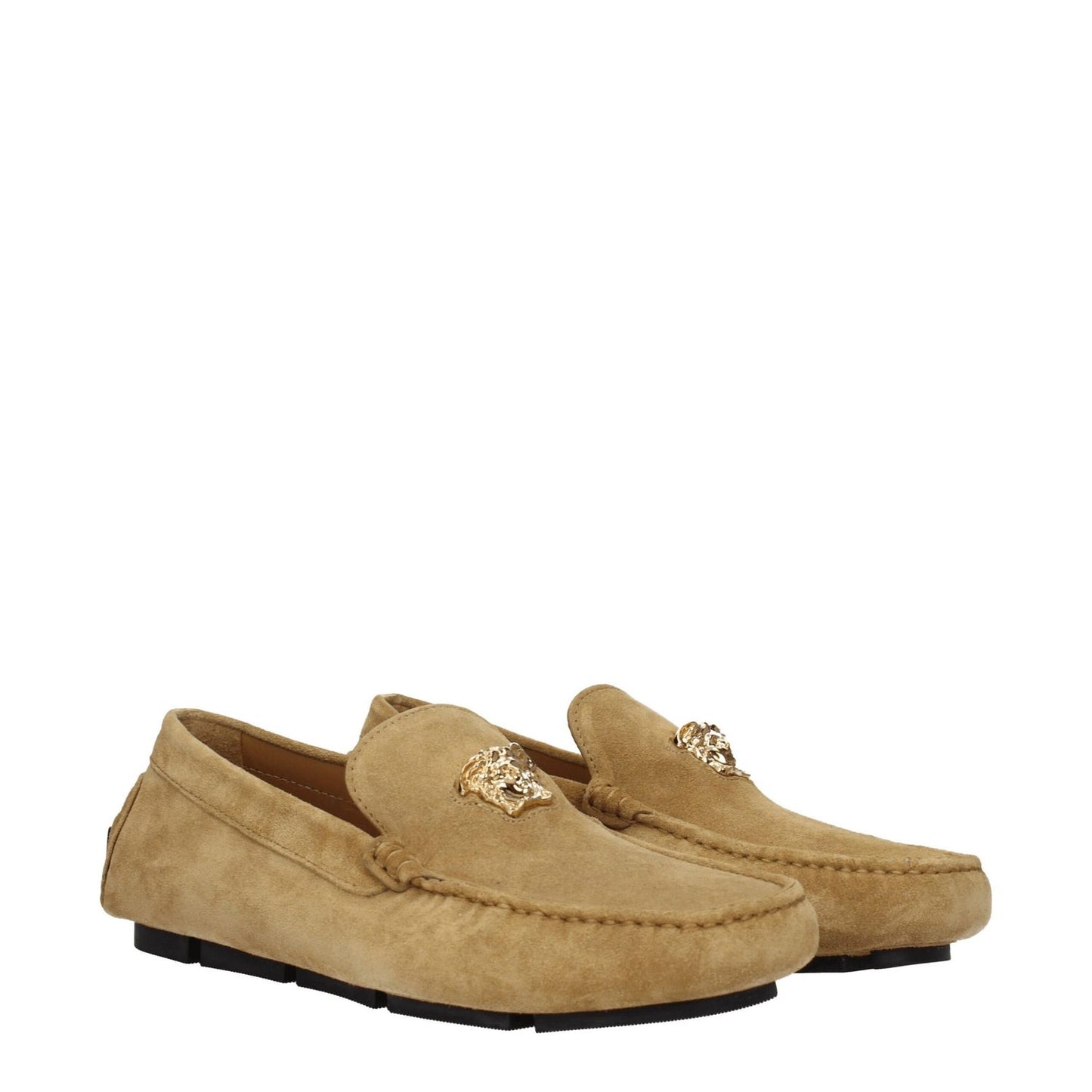 Versace Beige Leather Slip-On Loafers with gold logo, casual suede design, round toe, leather sole, perfect for versatile style.