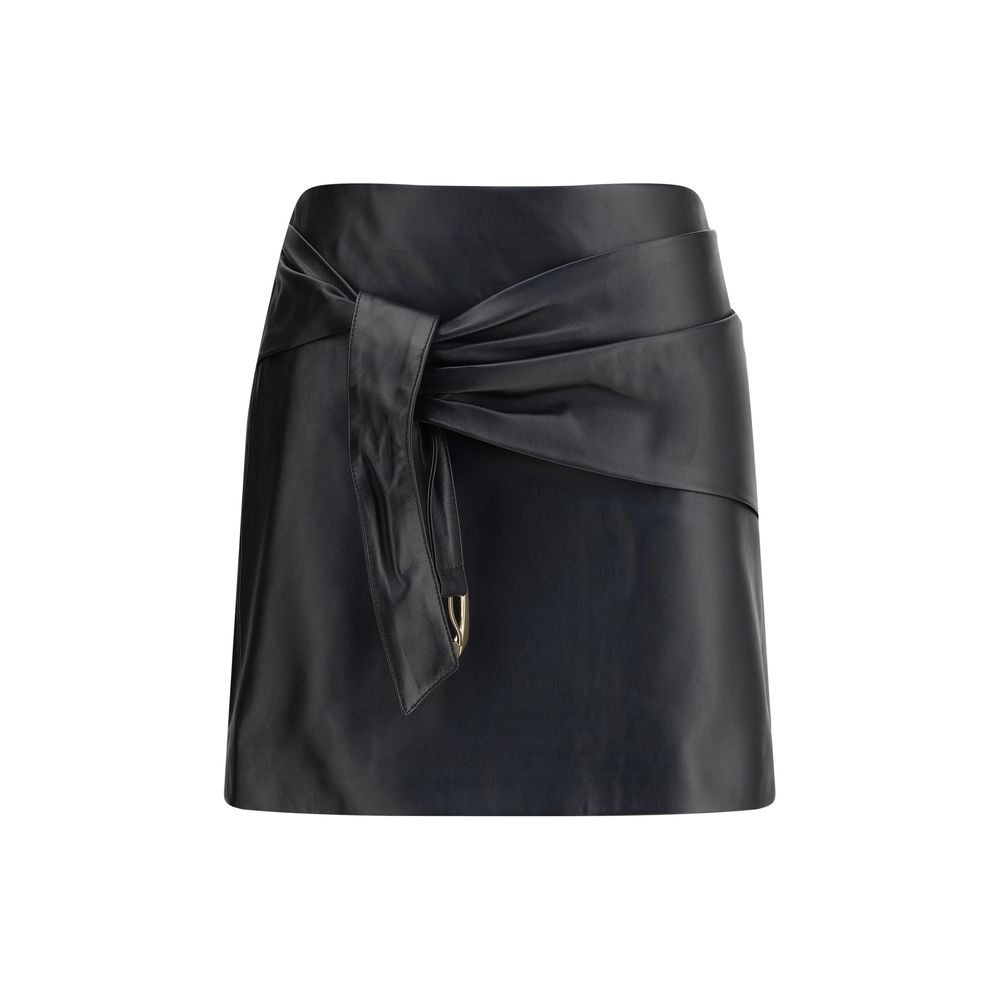 Versace Black Lamb Ovis Aries Aries Mini Skirt with decorative knot and back zip fastening, crafted from soft lambskin leather.