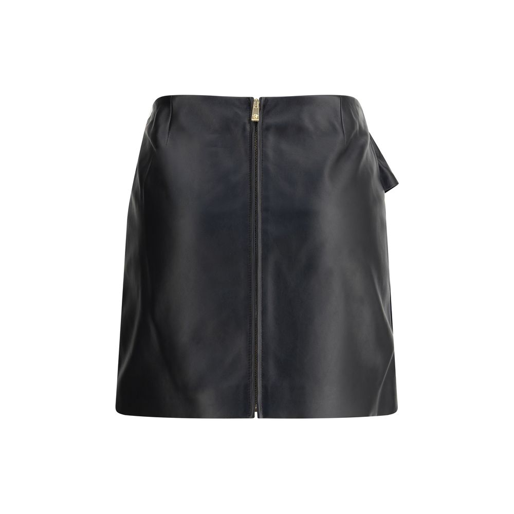 Versace Black Lamb Ovis Aries Aries Mini Skirt with knot detail, back zip, crafted in soft lambskin leather.