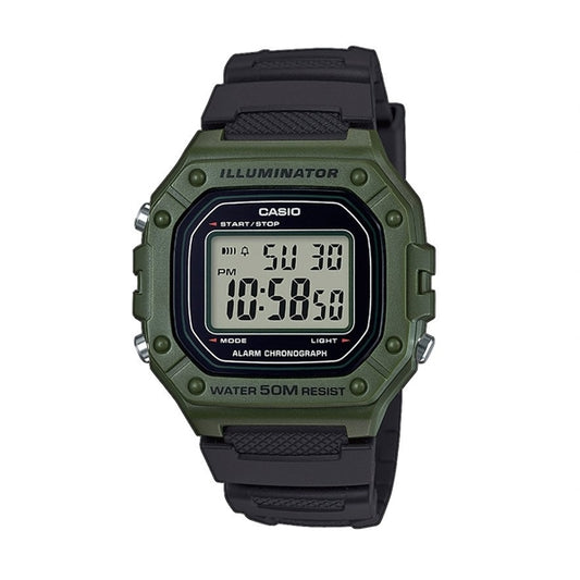 CASIO TIMELESS COLLECTION Mod. SPORT ILLUMINATOR WR 50M. ALARM. CHRONOGRAPH - ARMY GREEN W-218H-3AVEF
