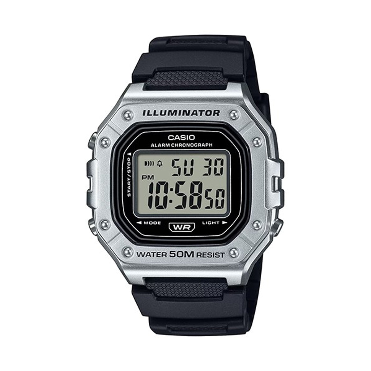 CASIO TIMELESS COLLECTION Mod. SPORT ILLUMINATOR WR 50M. ALARM. CHRONOGRAPH - SILVER - METAL SERIE W-218HM-7AVEF