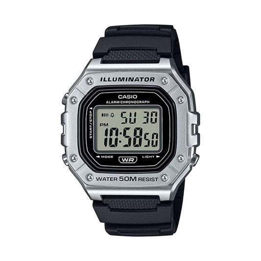 CASIO TIMELESS COLLECTION Mod. SPORT ILLUMINATOR WR 50M. ALARM. CHRONOGRAPH - SILVER - METAL SERIE W-218HM-7AVEF