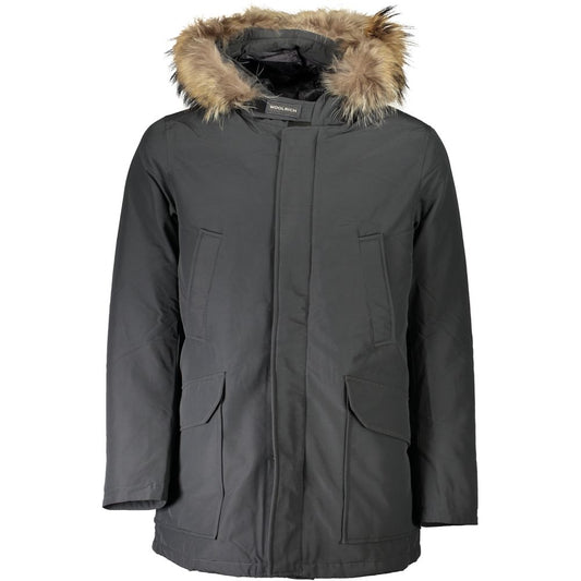 Woolrich Gray Cotton Men's Jacket with fur-trimmed hood and multiple pockets