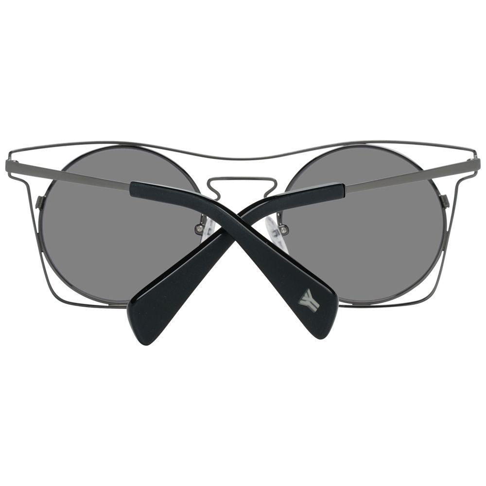 Yohji Yamamoto Blue Stainless Steel Sunglasses with grey mirrored lenses, UV protection, and full-rim design, viewed from the front.