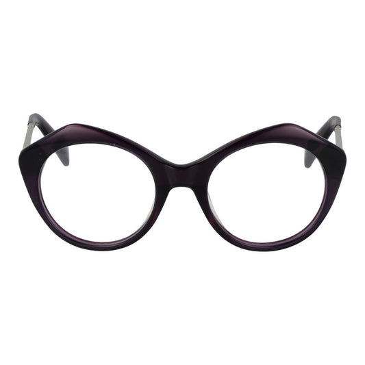 Yohji Yamamoto Purple Women Glasses Frame, full-rim round style, metal and plastic, demo lenses, includes branded soft case.