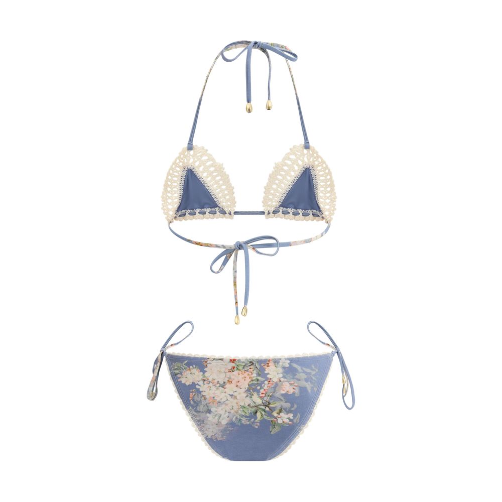 Zimmermann Light Blue Polyamide Bikini with crochet piping and floral print, featuring adjustable side ties and metal detailing.