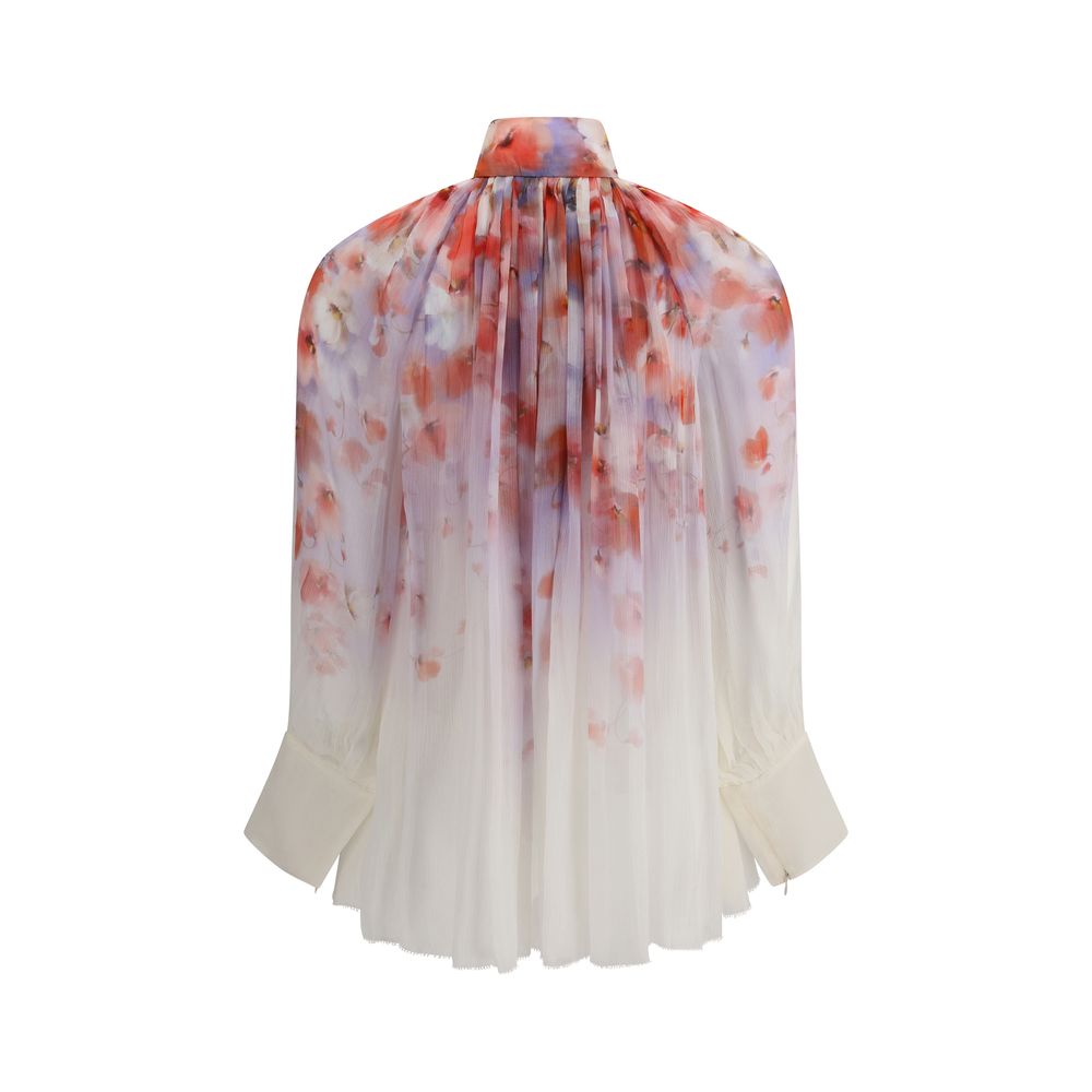 Zimmermann Multicolor Viscose Blouse with floral print, button-front, semi-sheer design, and draped details, AW25 season.