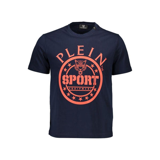 Plein Sport blue cotton men t-shirt featuring bold logo print and contrasting details, perfect for casual wear.